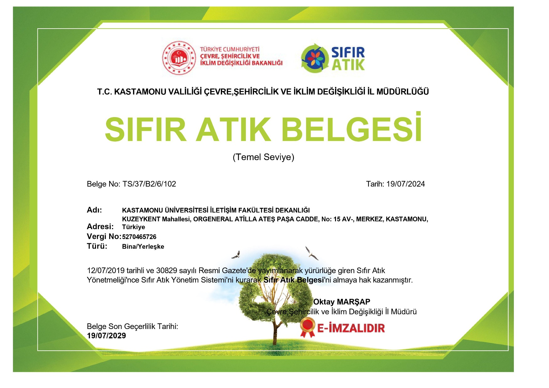 Fakültemiz Sıfır Atık Belgesi Almaya Hak Kazandı